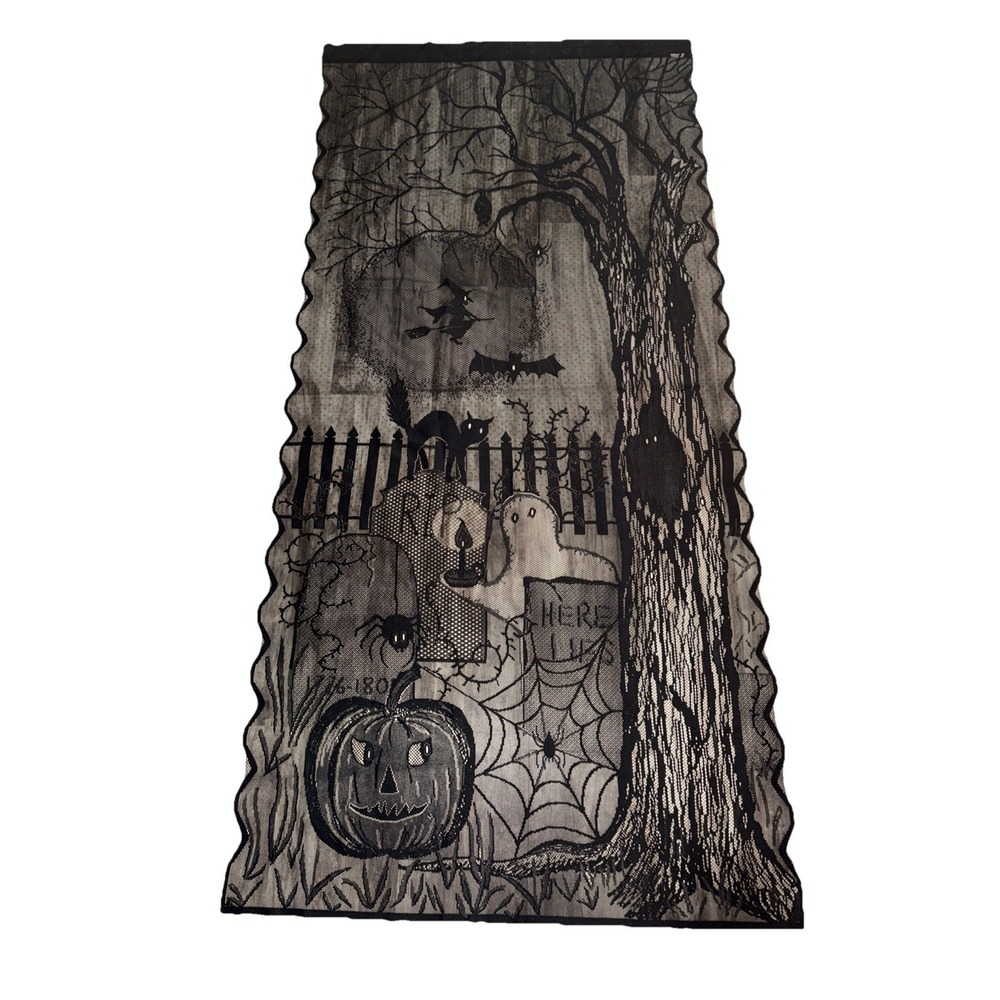 Black Lace Halloween Curtain Spider Bat Graves Ghosts JackOLantern Gothic 83x40
